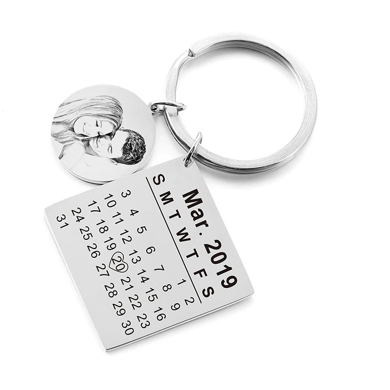 Personalized Calendar Keychain Photo Anniversary Date Engraved