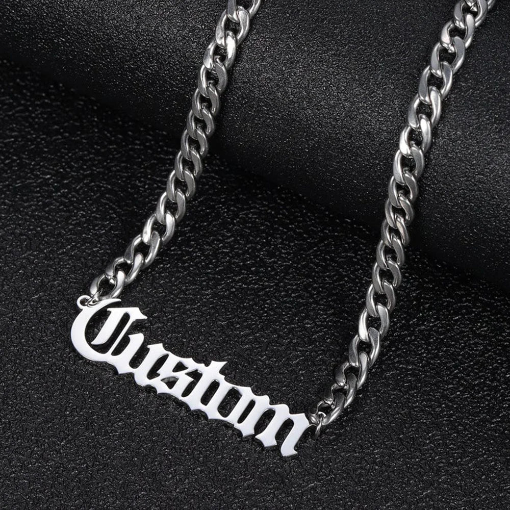 Personalized Name Necklace Old English Font Stainless Steel Cuban Chain Women