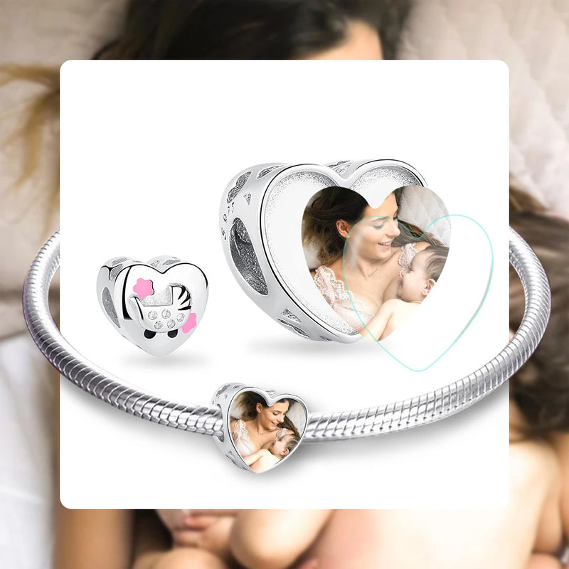 Baby Cart Pink Enamel Flower Bead Silver Charm
