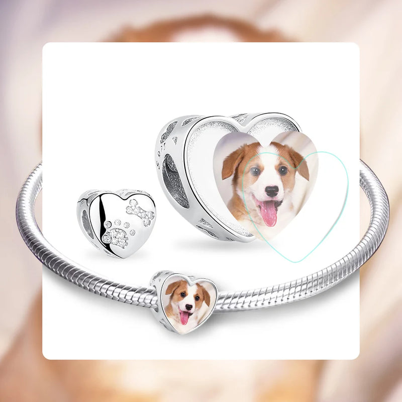 Custom Pet Dog Bone Footprint Heart Bead Bracelet 925 Sterling Silver
