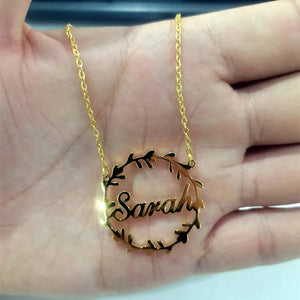 Personalized Stainless Steel Nameplate Wreath Necklace
