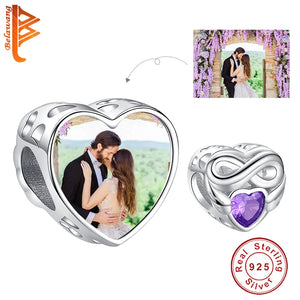 925 Silver Love Heart Bead w/ CZ Photo Charms For Bracelet Jewelry