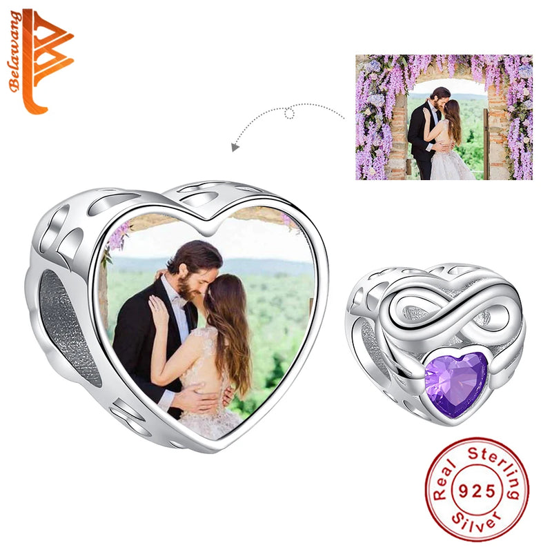 925 Silver Love Heart Bead w/ CZ Photo Charms For Bracelet Jewelry