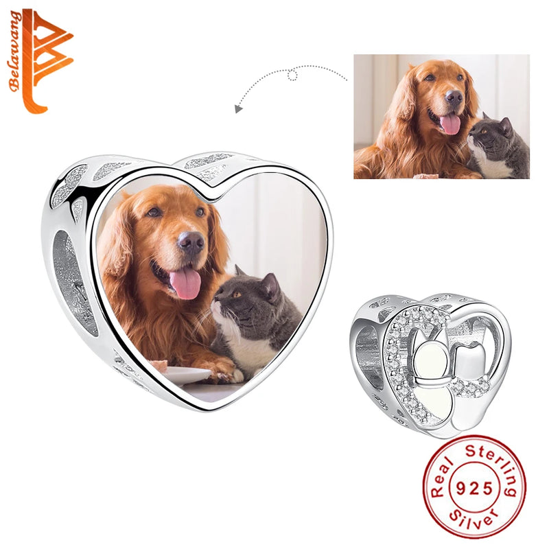 Personalized Enamel Dog Cat Heart Bead 925 Sterling Silver Photo Charms