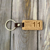 Personalized Daddy Date Wood Keyring 2 Sides Engraved Square Wooden Chip PU Leat