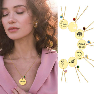Personalized Disc Coin Necklace with Birthstone Pendant Initial Necklace