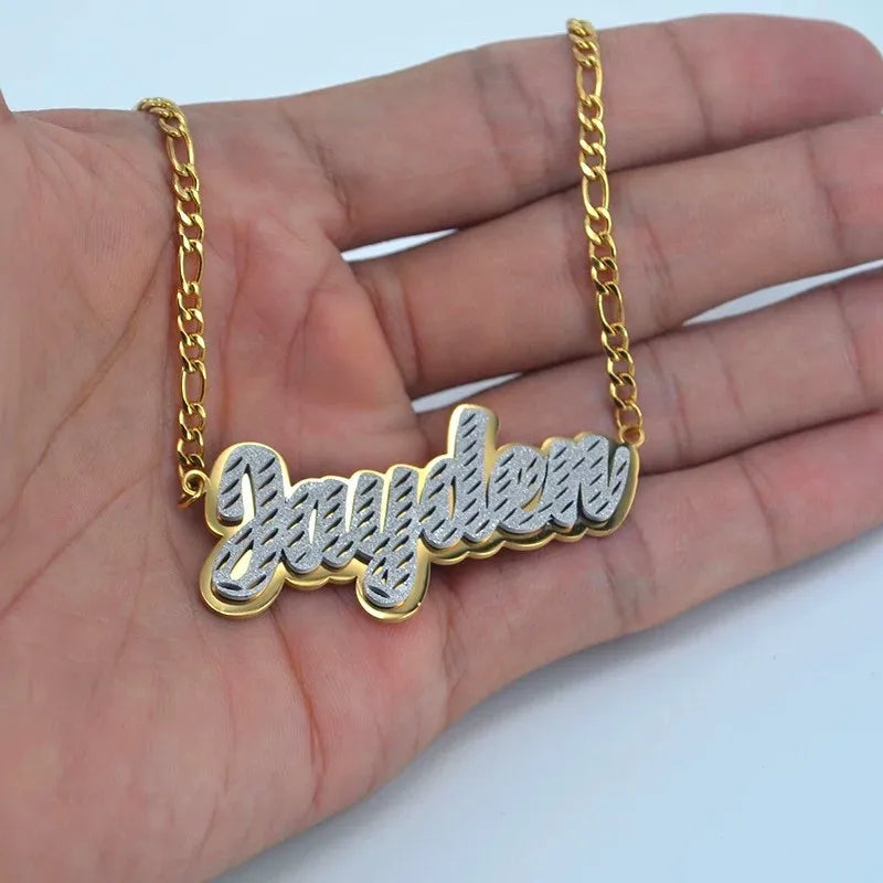 Personalized Double Bling Name Necklace Stainless Steel Chain Nameplate Jewelry