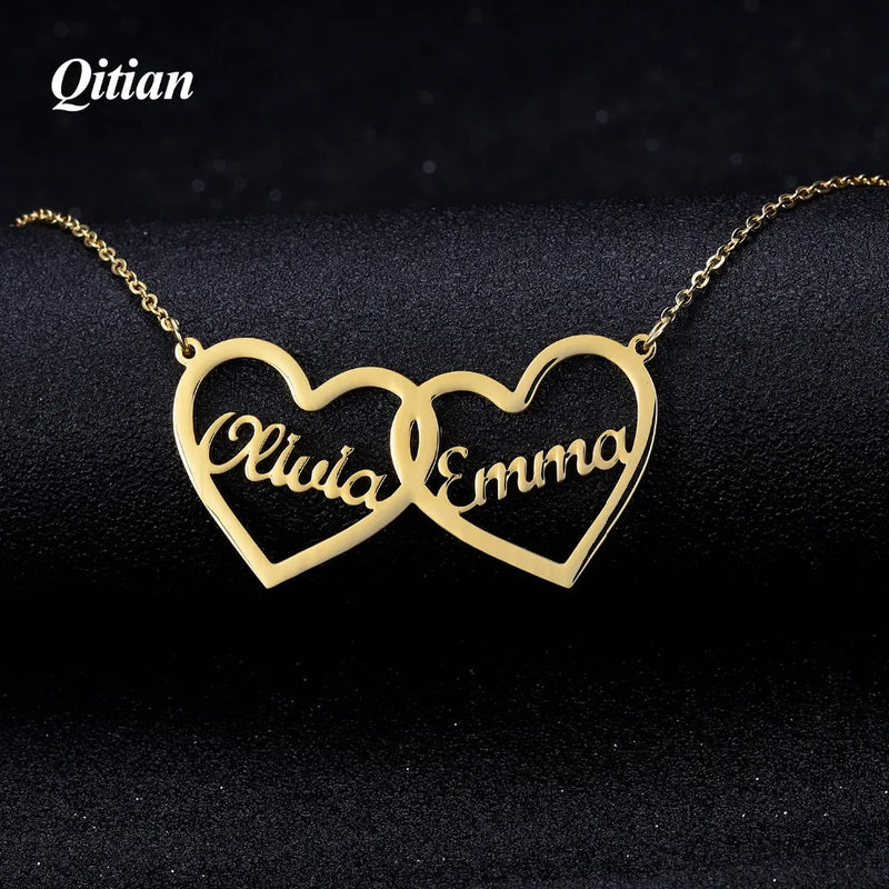Personalized Double Hearts Name Necklaces Stainless Steel Jewelry