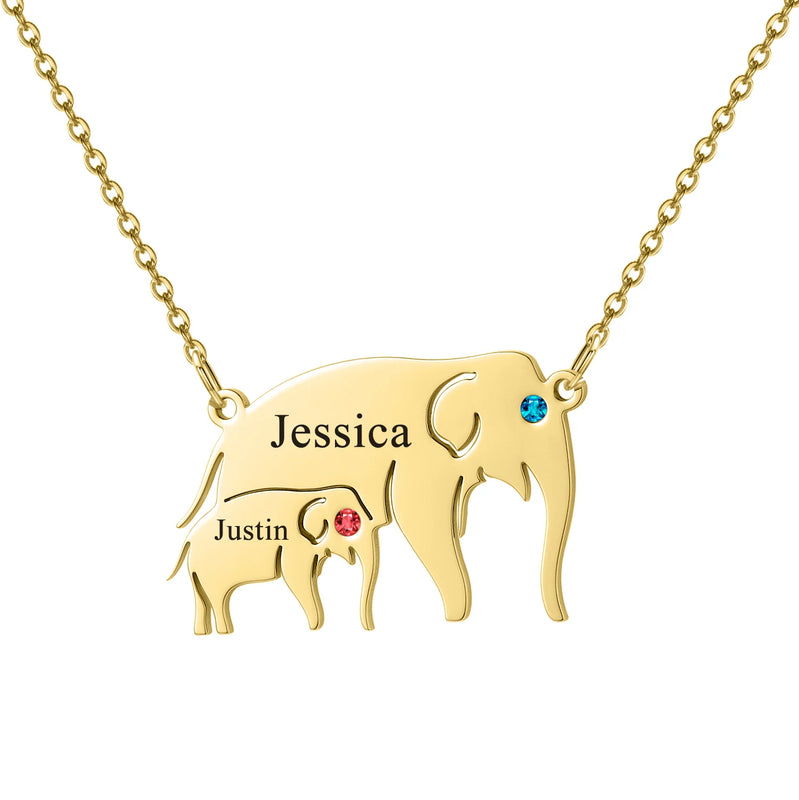 Personalized Elephant Pendant Necklace with Birthstone Name for Mother