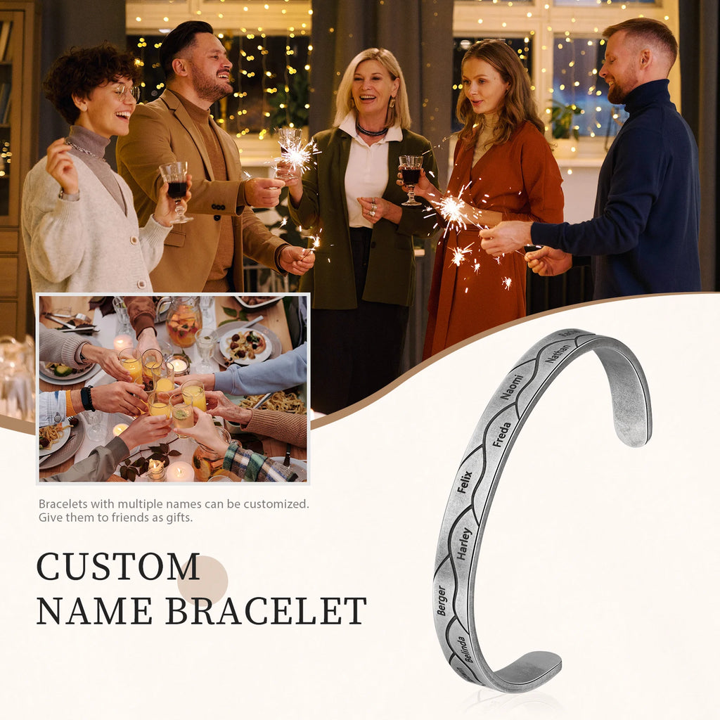 Personalized Engrave 9 Names Stainless Steel Cuff Bangles for Men