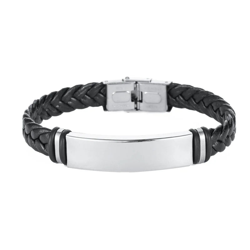 Personalized Engrave Name Leather Bracelet DIY Stainless Steel Men's Casual