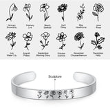 Personalized Birth Flower Cuff Bangles Stainless Steel Birth Month Bracelets