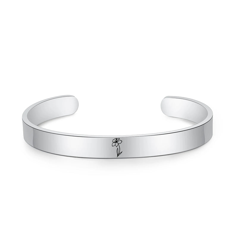 Personalized Birth Flower Cuff Bangles Stainless Steel Birth Month Bracelets