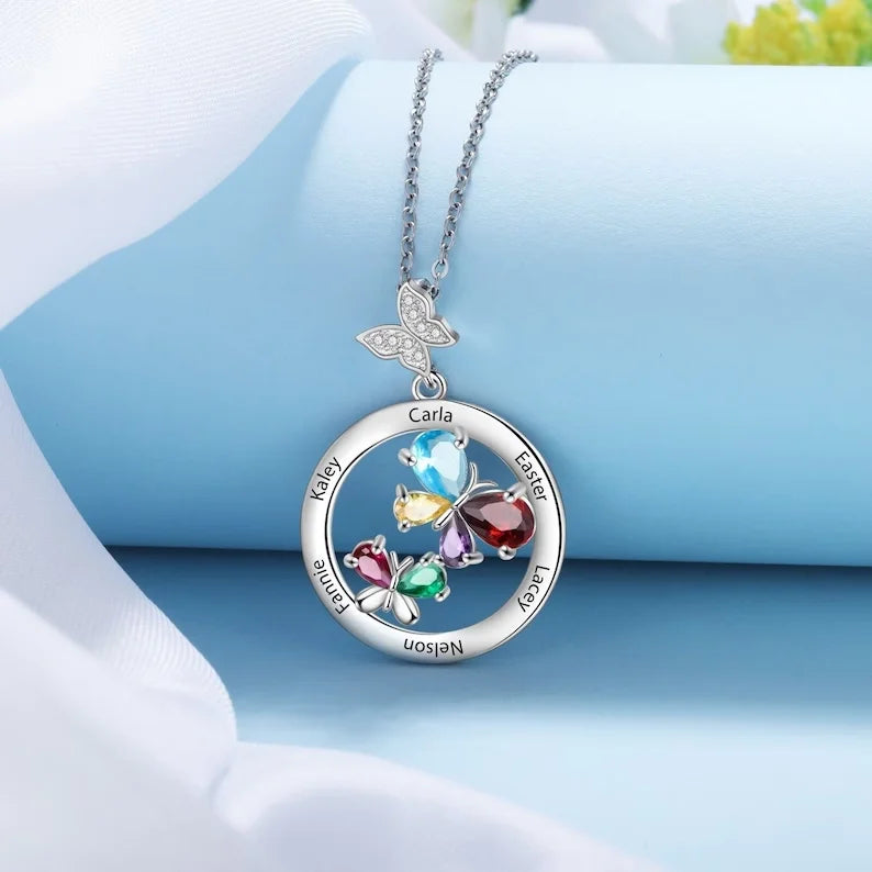 Custom Butterfly Birthstone Necklace for Mom - Personalized Engraved Jewelry