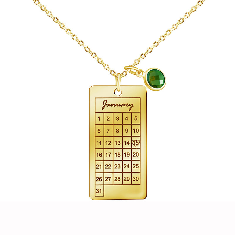 Engraved Calendar Date Pendant Necklace Birthstone Stainless Steel Wedding Gift