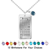 Engraved Calendar Date Pendant Necklace Birthstone Stainless Steel Wedding Gift