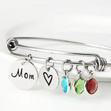 Engraved Mom Heart Birthstone Bracelet with Names Bangle