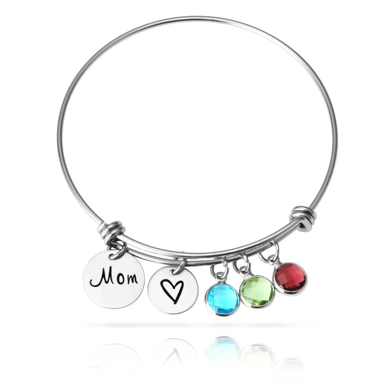 Engraved Mom Heart Birthstone Bracelet with Names Bangle