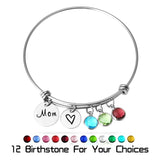 Engraved Mom Heart Birthstone Bracelet with Names Bangle
