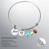 Engraved Mom Heart Birthstone Bracelet with Names Bangle