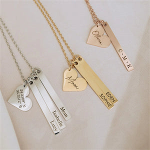 Personalized Engraved Name Bar Necklace Heart Charm Pendant Stainless Steel