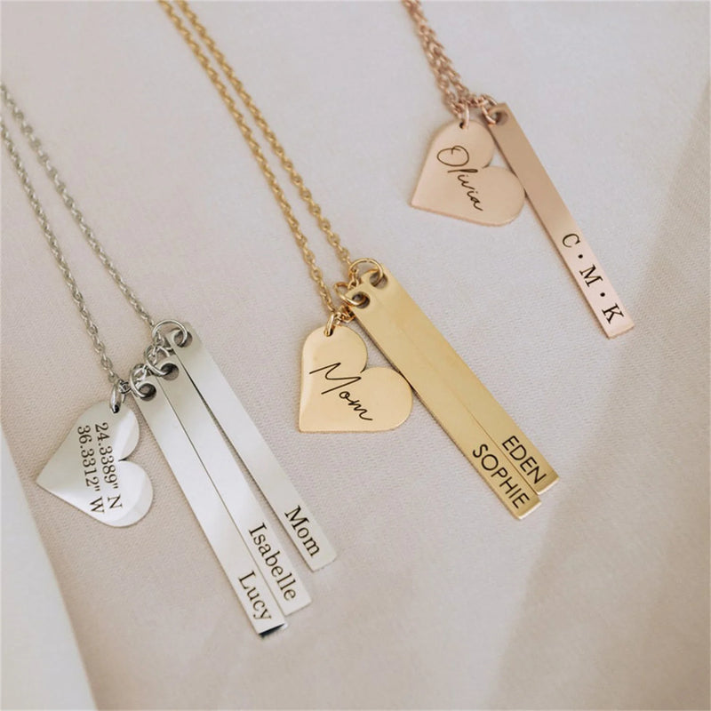 Personalized Engraved Name Bar Necklace Heart Charm Pendant Stainless Steel