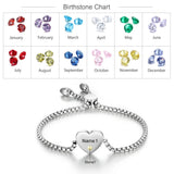 Personalized Heart Bracelet with Birthstone Stainless Steel Adjustable Chain