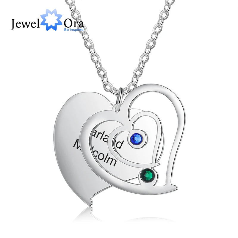 Personalized Engraved Heart Necklace with Birthstone Pendant