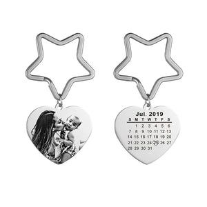 Personalized Engraved Photo Calendar Keychain Heart Star Keyring Name Key chain