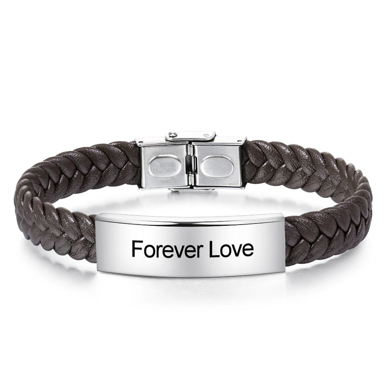 Engraved Stainless Steel Bar Bracelet Green Brown Wristband Father Gift