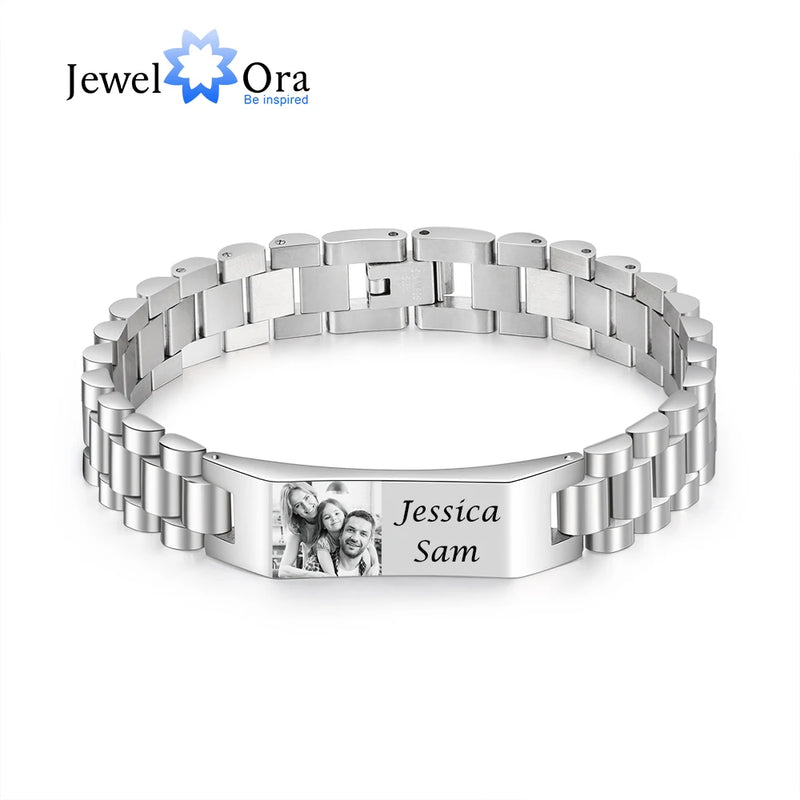 Personalized 2 Names Bracelet with Photo Stainless Steel Chain