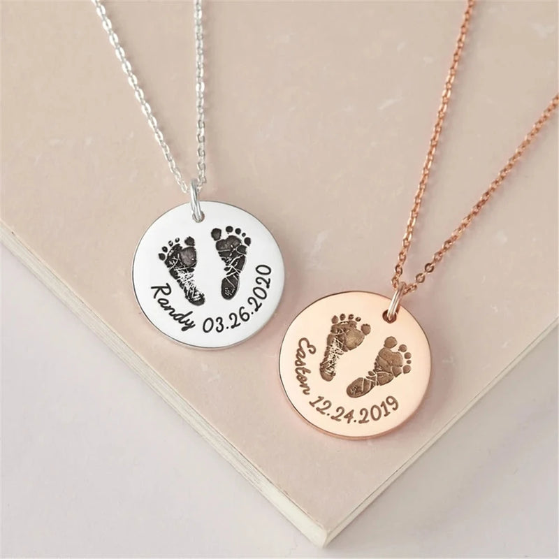 Engraved Baby Footprint Name Necklace for Mom