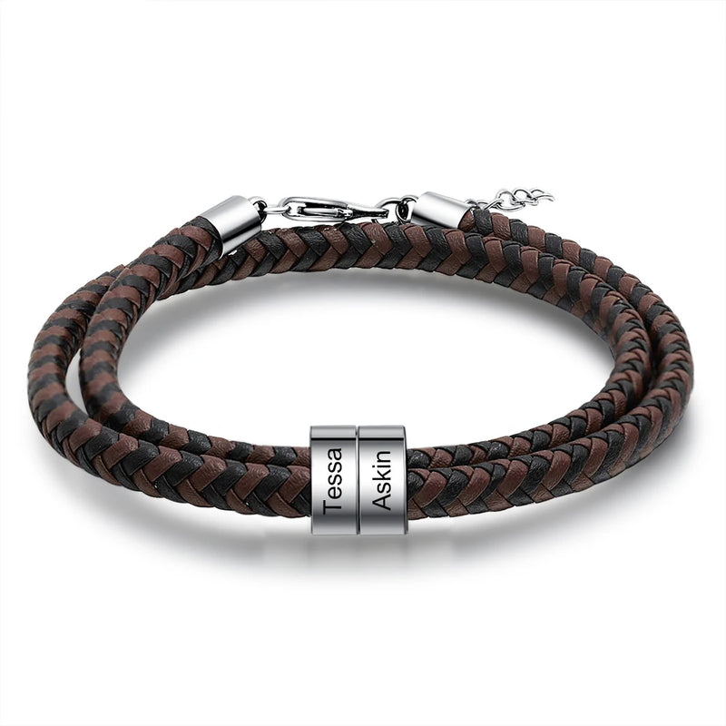 Personalized Engraving Leather Bracelet Name Bead Bracelet Men Gift