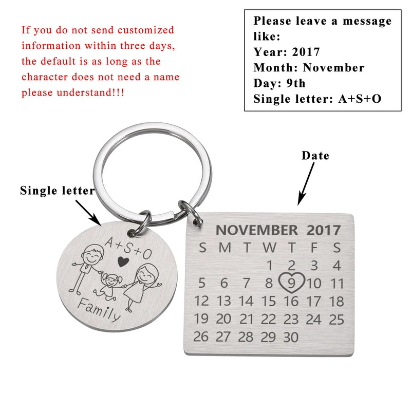 Custom Family Keychain Ring with Engraved Date & Letter
