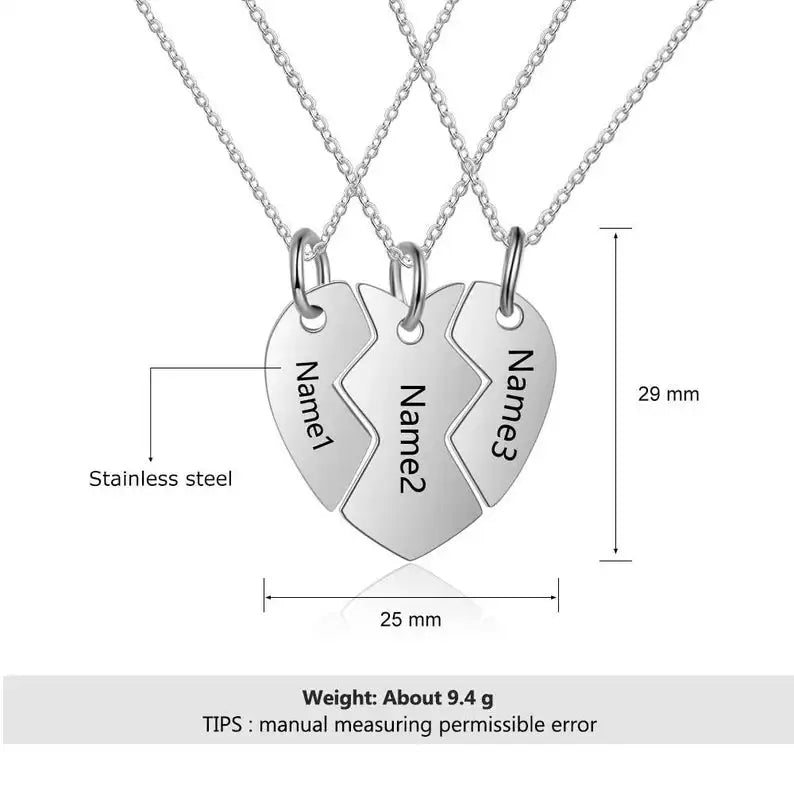 Family Name Necklace 3 Pcs Heart Shape Stainless Steel Jewelry