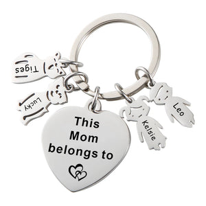 Family Keychain - Dad & Mom Heart Keyring - Engraved Child Name - Kids Name Gift