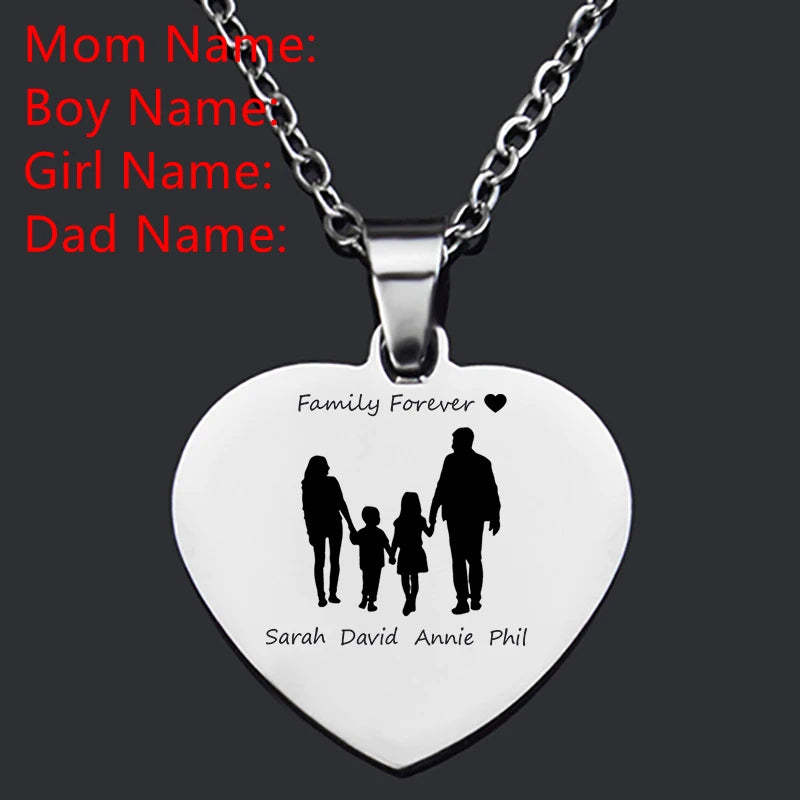 Family Name Necklace Mom Dad Daughter Son Engraved Heart Pendant