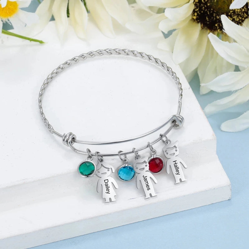 Family Names Bracelet with Birthstone Charms - Stainless Steel Gift