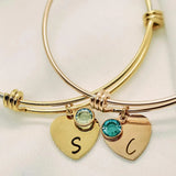 Personalized Family Names Heart Charms Bracelet with Birthstones Engraved Bangle