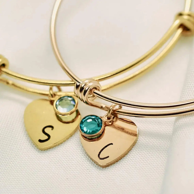 Personalized Family Names Heart Charms Bracelet with Birthstones Engraved Bangle