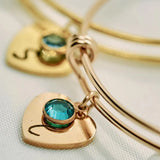 Personalized Family Names Heart Charms Bracelet with Birthstones Engraved Bangle