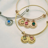 Family Names Bracelet with Birthstones Engraved Bangle Gift