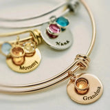 Family Names Bracelet with Birthstones Engraved Bangle Gift