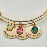 Family Names Bracelet with Birthstones Engraved Bangle Gift