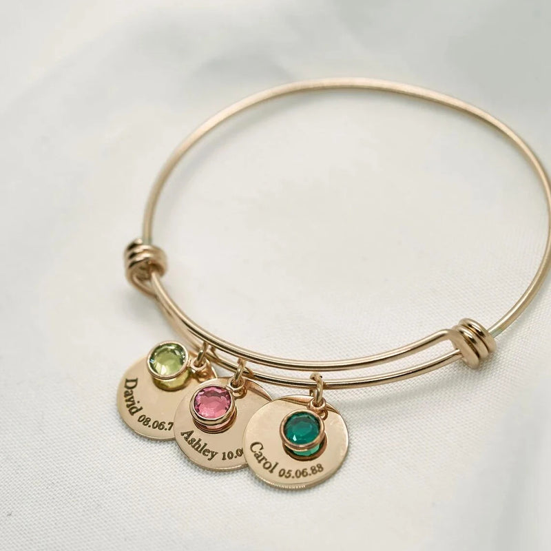 Family Names Bracelet with Birthstones Engraved Bangle Gift
