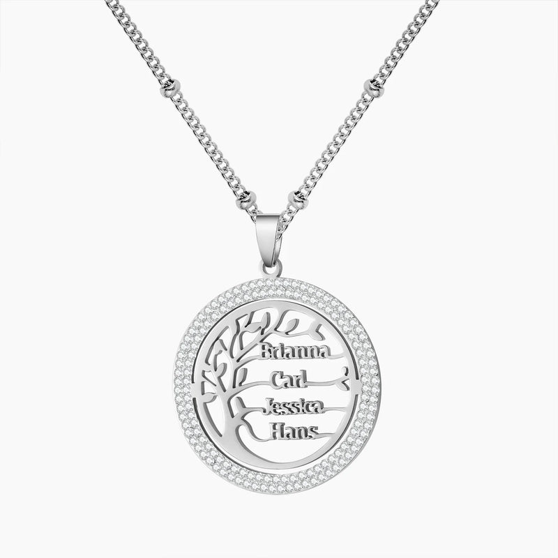 Family Tree Necklace with Zircon Crystals Name Pendant