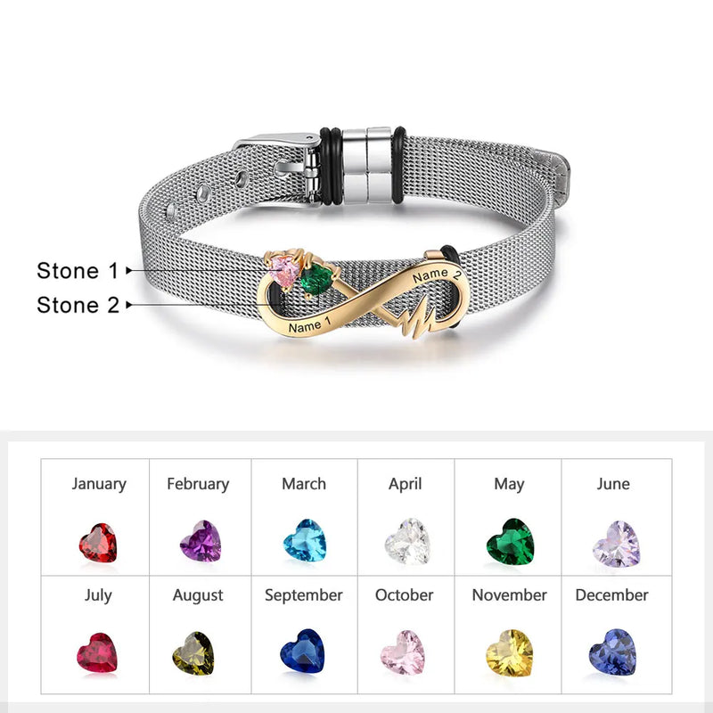Personalized Birthstone Infinity Bracelet Adjustable Metallic Chain