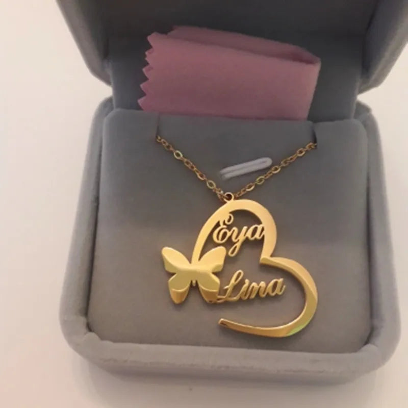 Personalized Butterfly Heart Pendants Name Necklaces Men Women Choker