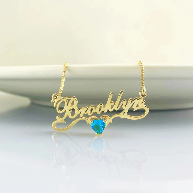 Personalized Heart Birthstone Name Necklace Stainless Steel Pendant