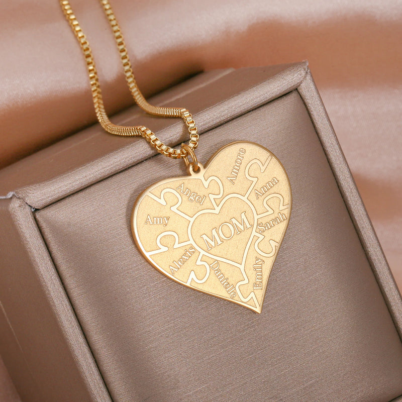 Heart Family Puzzle Necklace Name Necklace Stainless Steel Pendant Chain